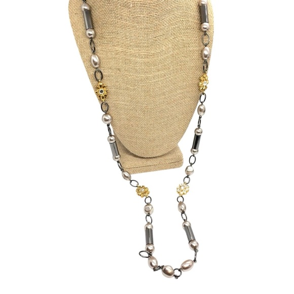 LIA SOPHIA LONG NECKLACE WITH GOLD RHINESTONE PEARL STATIONS GUNMETAL 36” LONG - Picture 5 of 12